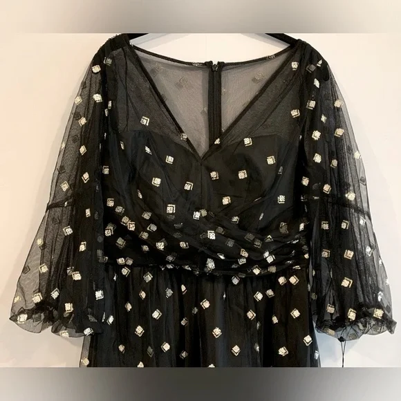 NWT, Adrianna Papell "Glitter Tulle Long Dress" in Black w/ Puff Sleeve, Size 8 - Picture 5 of 12